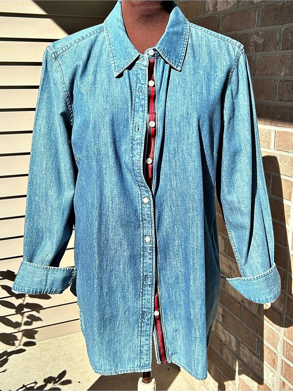 TALBOTS sL Denim Button Down-striped ribbon button placket-looks NEW!